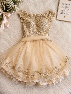 Ivory-Gold Sequin Tulle Girls'/teen Formal Dress with Cap Sleeves